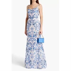 Marchesa Notte Floral Embroidered Macramé Lace Gown blue white dress Size 6